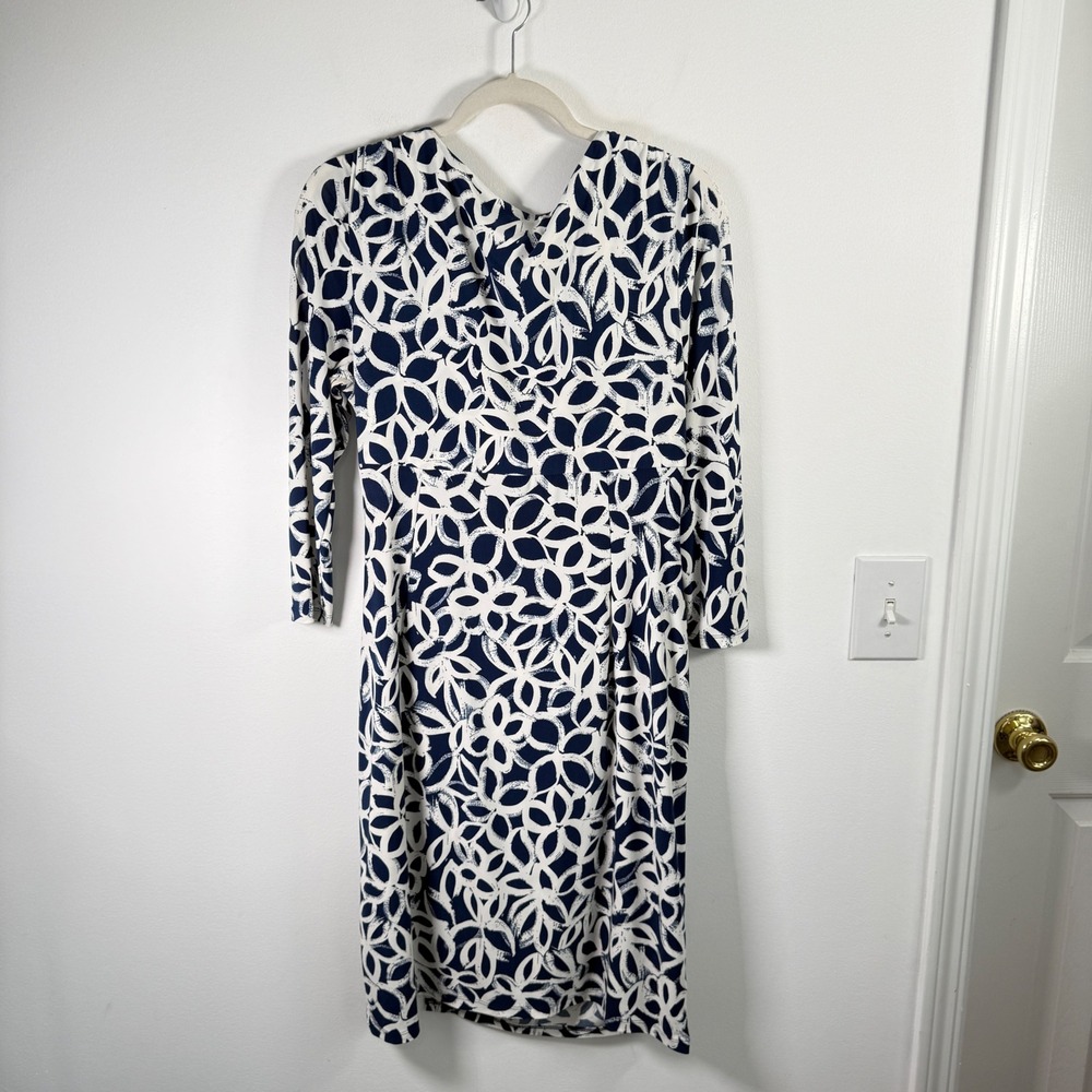 Lauren Ralph Lauren Navy Blue White Geometric Faux Wrap Midi Dress Womens 12 - Picture 8 of 9